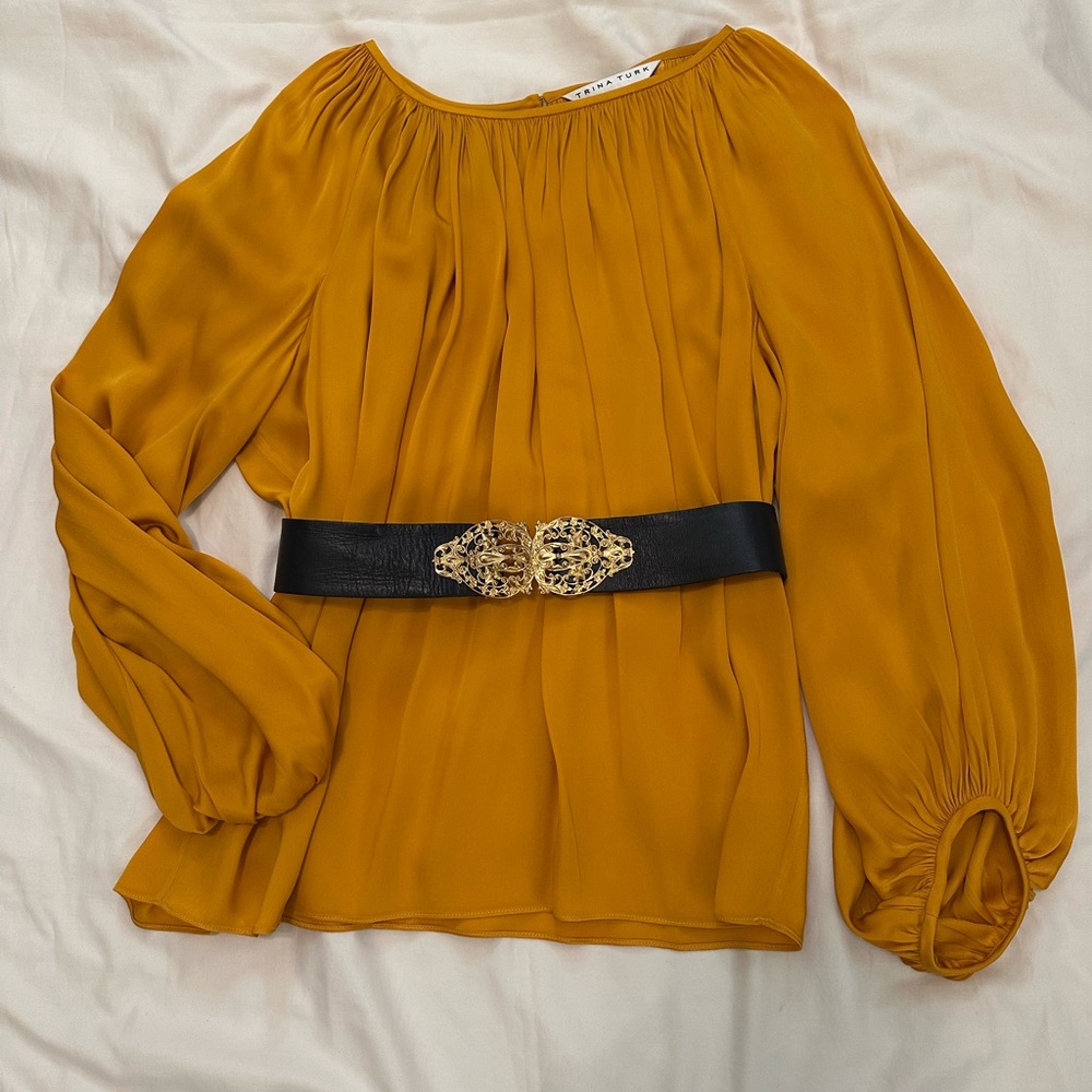 Trina Turk Marigold Yellow Silk Tunic Blouse Top XL ~ Boho Renaissance Fair Chic